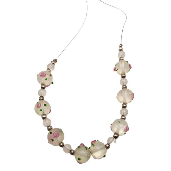 Artisan Frosted Lampwork Glass & Sterling Silver Beaded Pink Rose Design Necklac - Picture 6 of 16